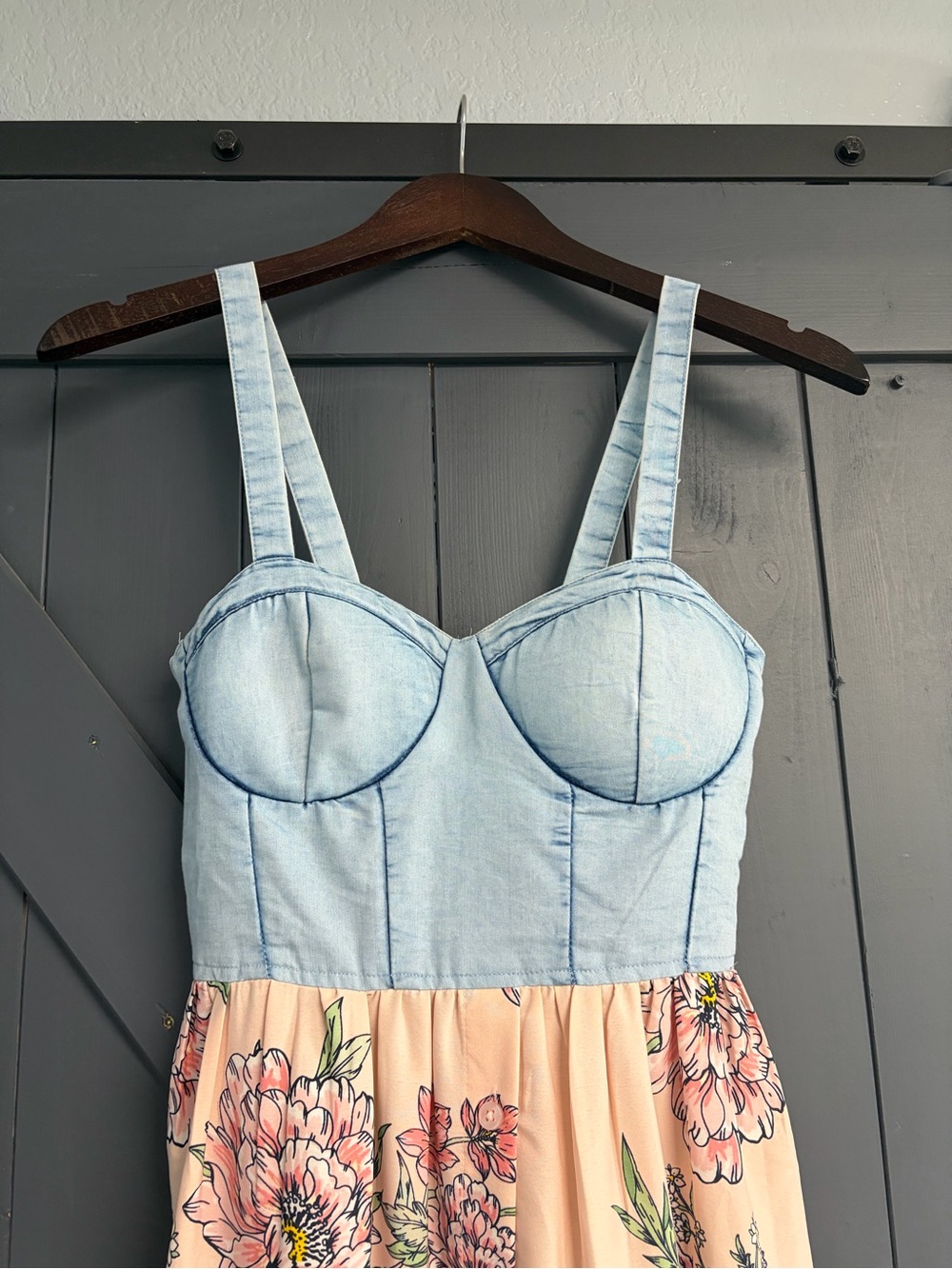 Denim Bustier Pink Floral Midi Dress - Picture 2 of 7